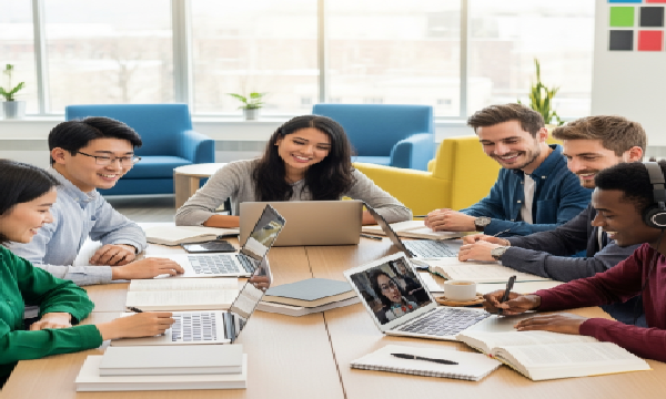 Diverse international students studying online with laptops and books, representing UNICAF Scholarship 2026