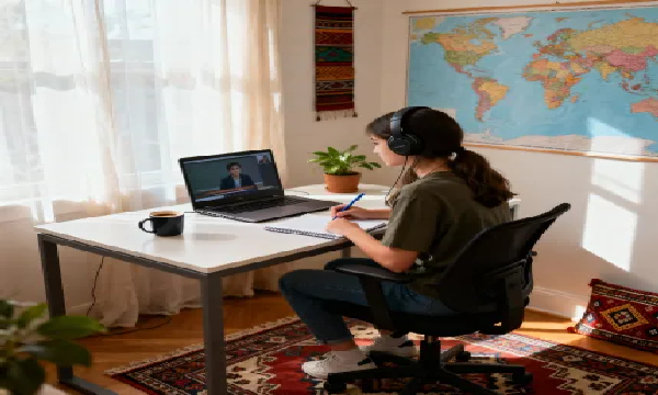 Young student attending online lecture at home, taking notes on laptop, studying with UNICAF Scholarship
