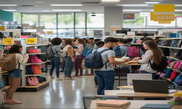 Back to school tax free day in the USA with students buying school supplies and laptops