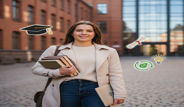 International student at KTH Royal Institute of Technology campus holding books and laptop, representing KTH Scholarship 2025–2026