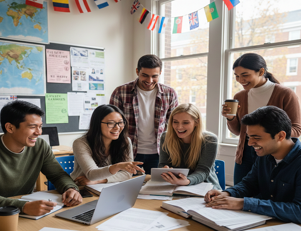 International students studying abroad and preparing scholarship applications