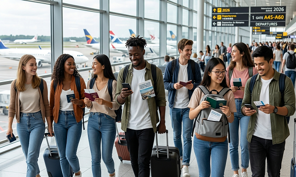 International students traveling abroad in 2026, holding passports and travel insurance documents at the airport