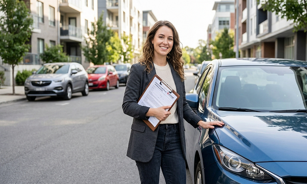 Young driver standing next to a modern car with insurance documents, representing Car & Vehicle Insurance coverage