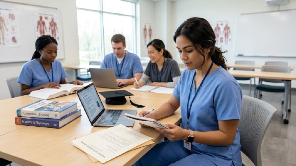 Nursing students studying for scholarships in the United States